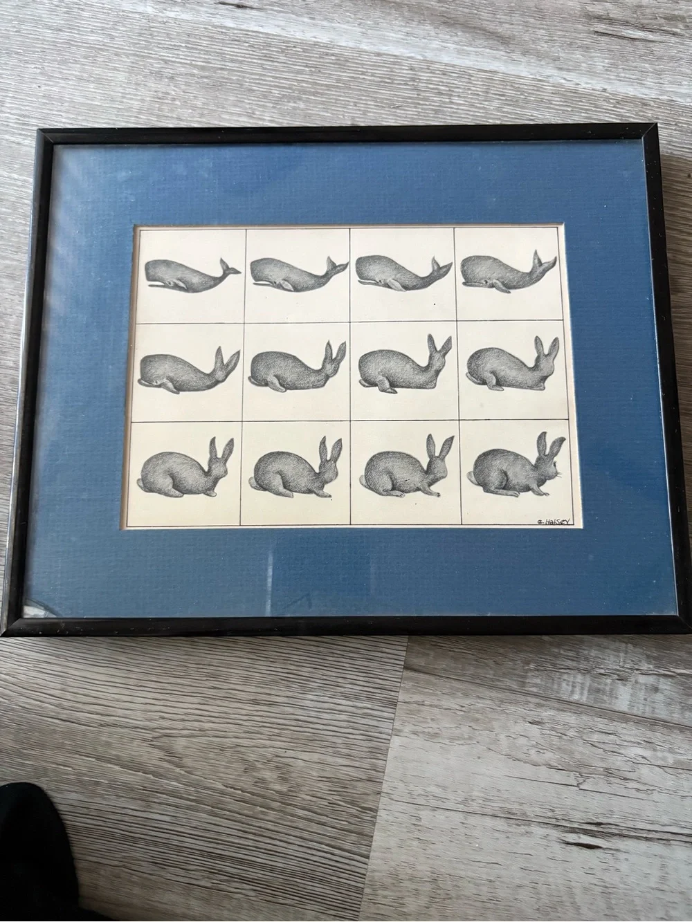 Framed Blue Rabbit and Whale vintage art